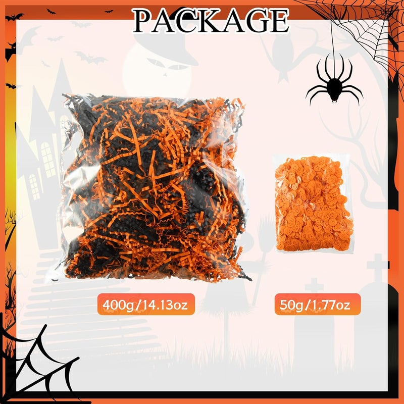 Gloreyan 1LB Halloween Crinkle Cut Paper Shred, Black Orange Raffia Paper Sherd Filler Grass with Pumpkin Confetti for Gift Wrapping Basket Filling Halloween Birthdays Weddings Party Supply - Image 2